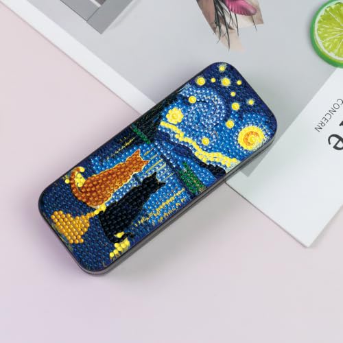 FlyingMage Cat Diamond Art Painting Kit, Hard Shell Eyeglasses Glasses Case | Starry Night DIY 5D Diamond Dots, Small Gem Art Painting Kits, Cute Rhinestone Sunglasses Case for Adults Beginner Women - color: Navy Starry Night Cat