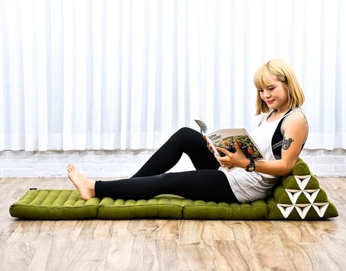 Leewadee Thai Foldable Floor Mat 67 x 21 inches Kapok with Backrest | Floor & lounge cushion for relaxing, reading & TV - for meditation & yoga, firm & stable - color: Cl23 - Green, size: 3 seating segments