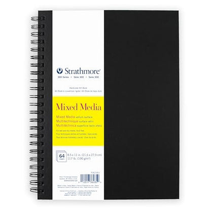 Strathmore 300 Series Mixed Media Paper Art Book, Black Hardcover & Side Wire Binding, 32 Sheets, White, 8.5x11 inch, 1 Count