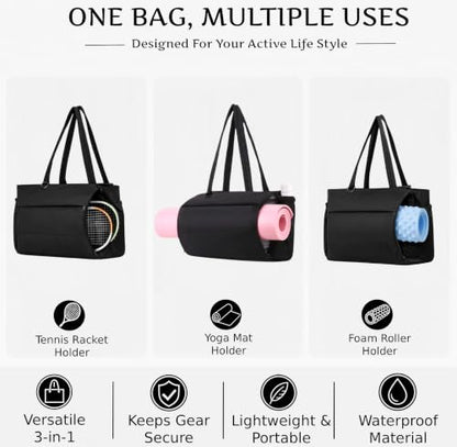 Gym bag with yoga mat holder Tote Bag for Women with cup holder travel - color: Black