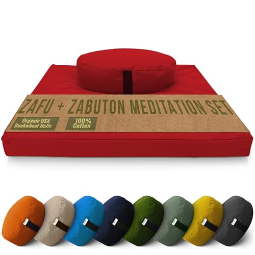Bean Products Meditation Cushion Mat Set - Zafu Floor Pillow Organic Buckwheat Pillow + Cotton Filled Zabuton Prayer Pad - Meditation Pillow Yoga Knee Pad - Made in USA - 14" Round or 18" Oval - color: Red - 10oz Cotton Canvas, size: Oval Combo