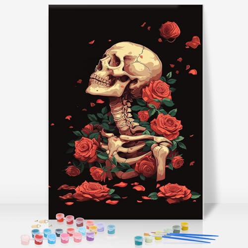 Framed Paint by Numbers Kit for Adults, Skeleton & Red Roses, 8 x 12 Inch | DIY Adult Paint by Number Kit for Beginners, Gothic Wall Decor, Stress Relief Craft Gift, Creative Hobby - color: TRTDOP1PF05