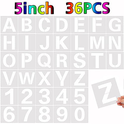 FEBSNOW 36 Pcs 5 Inches Large Alphabet Letter and Number Stencils | PET Plastic, Painting on Wood Wall Fabric Rock Chalkboard Glass DIY Art, Reusable Drawing Template, Pack of 36 Pcs 6 Inches - size: 5 inches