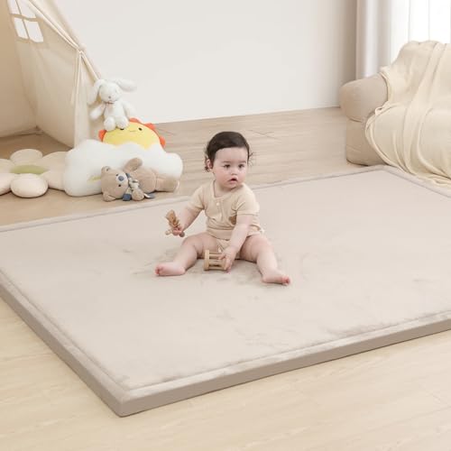 Baby Play Mat for Floor,1.3" Thick Memory Foam Tummy Time Mat,Soft Coral Velvet Nursery Rug,Extra Large Non Slip Crawling Mat for Toddlers,Infants,kids,Yoga Mat,Tatami Mat for Living Room(Beige) - color: Beige, size: 59"×39"×1.3"