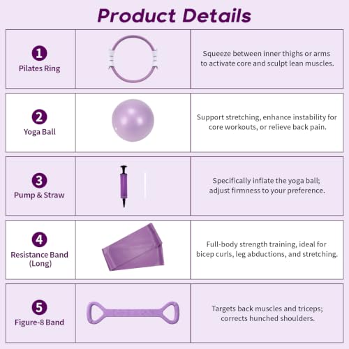 Hoikwo Purple 15 Pcs Pilates Kit for Women Resistance Bands Combo Yoga Sets | 7.3" Yoga Ball with Pump, 5 TPE Loop Bands, Long Band, Figure-8 Band, 2 Sliders, Grip Socks and Storage Bag for Home, Gym