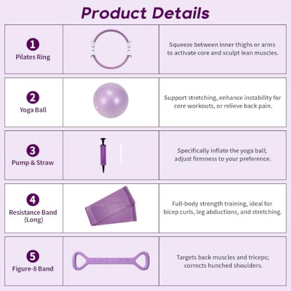Hoikwo Purple 15 Pcs Pilates Kit for Women Resistance Bands Combo Yoga Sets | 7.3" Yoga Ball with Pump, 5 TPE Loop Bands, Long Band, Figure-8 Band, 2 Sliders, Grip Socks and Storage Bag for Home, Gym