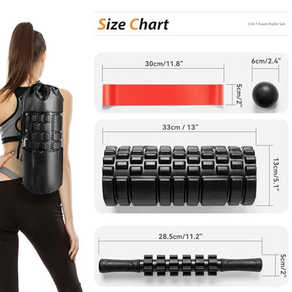 SUBCULTUREPICK 5 in1 Foam Roller Set, Trigger Point Foam Roller Deep Tissue | Massage Roller Stick, Massage Ball, Resistance Band for Physical Therapy, Pilates Yoga,Fitness Exercise for Whole Body Black - color: Black-red