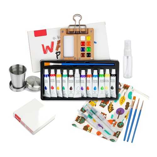 Mini Wooden Watercolor Paint Set–Portable Painting Kit with 12 Colors,Pocket Watercolor Set with Brushes,Sketchbook,Cup,Wristband,Clip,Storage Bag,Mini Watercolor Travel Set for Artists & Beginners