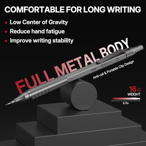 WUO Mechanical Pencil Set, 4 Pack 0.5mm & 0.7mm Metal Drafting Pencils | Mechanical pencils with 480 HB leads, eraser pen, 4B erasers, case for technical drawing, sketching, writing & school - color: Black+Grey