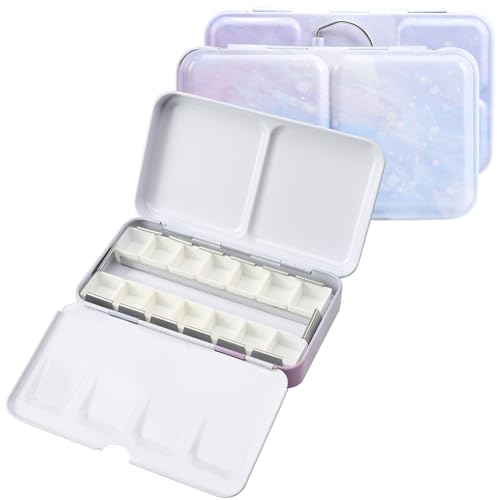 HAUSTG0 Metal Watercolor Palette - Empty Tin with Paint Tray and 14 Half Pans - Travel Palette with Lid - style: Illusionary Water