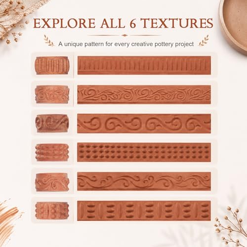 6 Pcs 3D Printed Clay Texture Rollers Clay Roller with Handle for Painting 6 Patterns Texture for Modeling Glaze Design Handle Pottery Tools Set for Artists Ceramics Art Creation Ceramic Modeling DIY