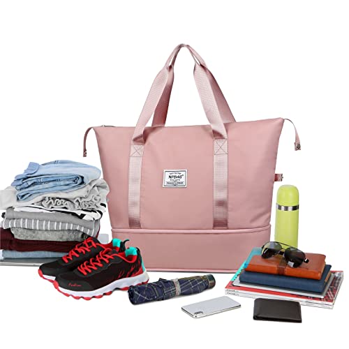 NPBAG Women Travel Duffel, Multi Functional Large Expandable Weekender Carry-on Tote, Gym Workout Overnight Bag, Mommy Hospital Bag for Labor and Delivery - color: Basic-Pink, style: Basic Version