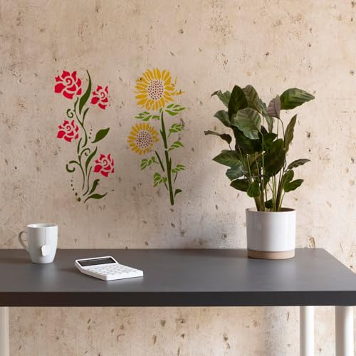 Flower Stencils for Painting, 6 Pcs 12 x 6 Inch for Wood Signs Canvas | Reusable & Easy to Clean, Botanical Patterns, Large Pattern Layouts, Painted Boards, Furniture Panels, Beginner Friendly - color: Large Flower