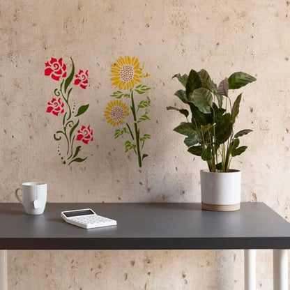Flower Stencils for Painting, 6 Pcs 12 x 6 Inch for Wood Signs Canvas | Reusable & Easy to Clean, Botanical Patterns, Large Pattern Layouts, Painted Boards, Furniture Panels, Beginner Friendly - color: Large Flower