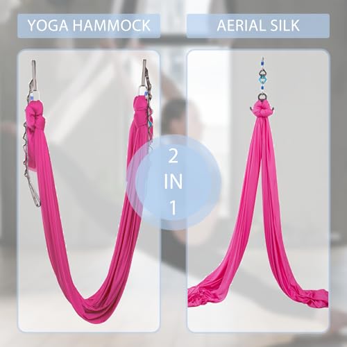 5.5 Yards Aerial Silks Yoga Swing Set - Aerial Yoga Hammock Kit Anti-Gravity Flying for Fitness, Low/Non Stretch Nylon Tricot Fabric Hardware Included for Dance - color: HOT PINK