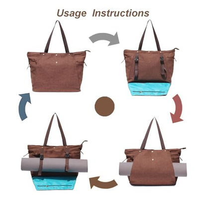 ESVAN Yoga Mat Bag, Gym Bag Tote Bag with Multi Pockets For Women Drawstring Yoga Mat Carrier Pilates Travel Workout Office - color: Linen Brown