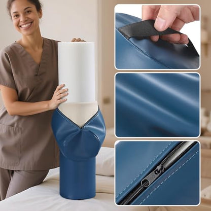 26 x 6 In Full Round Massage Bolster, PU Leather Bolster with Strap Handle | Under Knee Pillow for Massage Table, Under Back Ankles Pain Relief Roll Bolster Pillow for Yoga & Spa, Round Leg/Neck Support - color: 6" Full Round - Blue