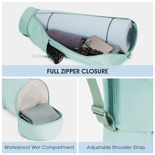 sportsnew Yoga Mat Bag, Full Zip Cargo Yoga Mat Carrier Bag with Drawstring Water Bottle Pocket and Bottom Wet Pocket, Exercise Yoga Mat Carrier Holder Multi-Functional Storage Bag Patent Pending - color: Mint Green, size: Medium pocket