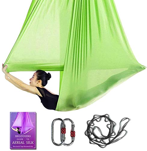 Aerial Yoga Hammock L:5M W:2.8M 5.5 Yards Aerial Pilates Silk Yoga Swing Set with 2000 Ibs Load Include Daisy Chain, Pose Guide - color: Light Green