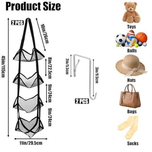 2Pcs Mesh Ball Storage Organizer, 4-Tier Basketball Holder for Garage Door or Wall-Mounted Vertical Ball Holder Sports Ball Storage for All Sports Balls, Yoga Mat, Towels and Snacks, Black