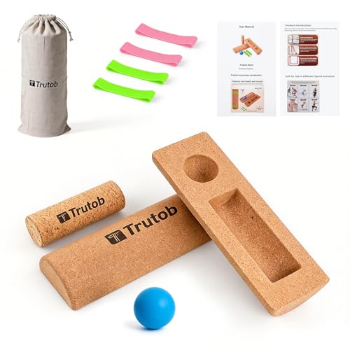 Cork Balance Board, Natural Cork 4-in-1 Foot & Ankle Strengthener Kit, Balance Trainer Set with Massage Ball & Roller, Toe Resistance Bands and Storage Bag, Balance Boards for Adults Athletes Runners