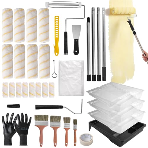 SOUTHGATE 33PCS Paint Roller Kit with Extension Pole for Walls & Ceilings | 9‘’ and 4‘’ rollers,1-5ft adustable pole, paint tray, drop cloth, brushes, for drywall, baseboards, apartments