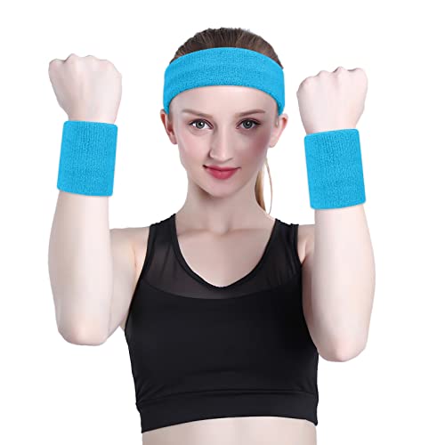 ONUPGO Sweatband Set Sports Headband Wristband Set Sweatbands Terry Cloth Wristband Wrist Sweatband Headbands Moisture Wicking Sweat Absorbing Head Band - color: Neon Blue