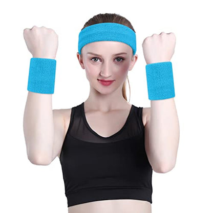 ONUPGO Sweatband Set Sports Headband Wristband Set Sweatbands Terry Cloth Wristband Wrist Sweatband Headbands Moisture Wicking Sweat Absorbing Head Band - color: Neon Blue