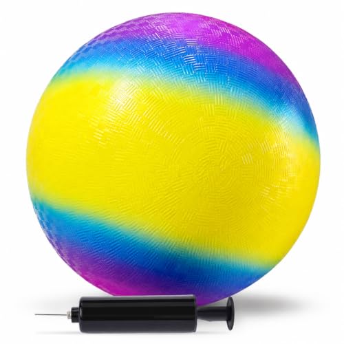 LovesTown Playground Ball with Pump - 8.5Inch Rubber Inflatable Rubber Bouncy Balls, Kickball Dodgeball Four Square for Kids and Adults, Indoor and Outdoor Games, Xmas Stocking Stuffers, Pack of 1 - color: Rainbow, size: Medium