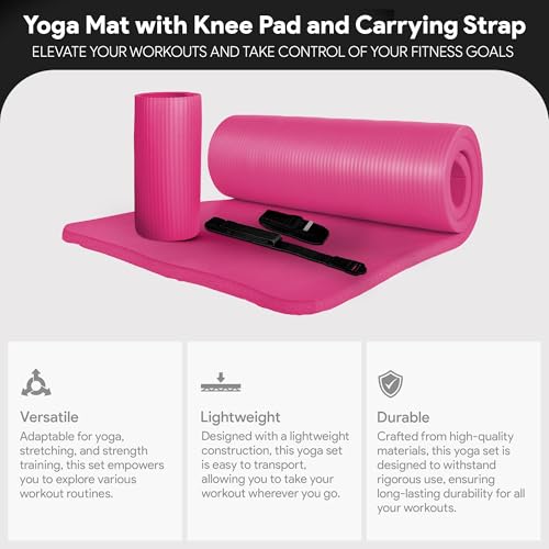 BalanceFrom 71x24 Inches Yoga Mat with Knee Pad and Optional Blocks – Extra 1-Inch Thick Non-Slip Foam with Anti-Tear Surface and Carrying Strap for Home, Studio, or Gym Workouts - color: Pink, style: Mat & Knee Pad