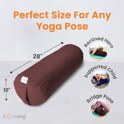 Sol Living Yoga Bolster Pillow for Restorative Yoga, 100% Cotton Meditation Cushion, Extra Firm Support Bolster for Yoga Body Pillow with Removable Washable Cover and Carry Handle