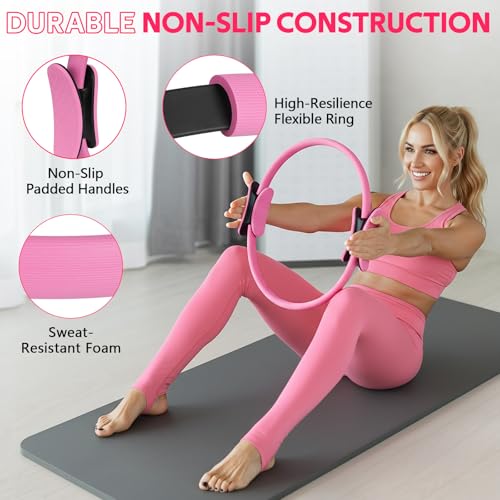 WALITO Home Pilates Kit for Women,Pilates Ring Set with Magic Circle,Resistance Bands,Figure 8 Workout Bands,Mini Ball, Compact Toning Fitness Essentials Starter Set Accessories Gift - color: PINK SET