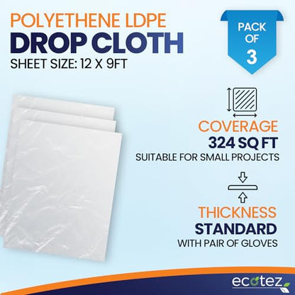 3 Pack 12 x 9 ft Extra Large Plastic Drop Cloth for Painting | Light & Durable Tarp Cover for Furniture Plastic Clear Tarp Waterproof - Paint Floor Covering - Painters Drop Cloth Sheeting - size: 3 Pack