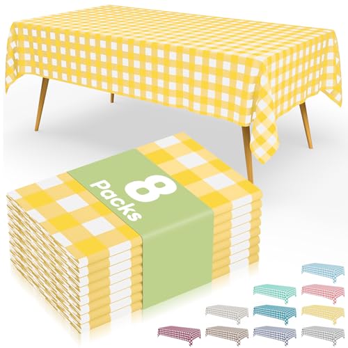 Smiry 8 Packs Gingham Disposable Table Cloth, 54 x 108 Inch Waterproof Plastic Tablecloth, Rectangle Yellow and White Checkered Table Covers for Picnic, Birthday, Party - color: Yellow and White, size: 54"x108" (Pack of 8)