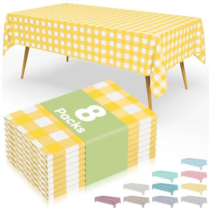 Smiry 8 Packs Gingham Disposable Table Cloth, 54 x 108 Inch Waterproof Plastic Tablecloth, Rectangle Yellow and White Checkered Table Covers for Picnic, Birthday, Party - color: Yellow and White, size: 54"x108" (Pack of 8)