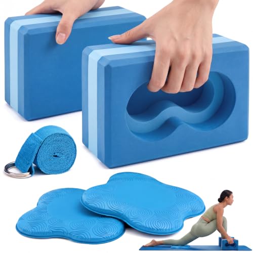 Yoga Blocks 2 Pack for Wrist Relief,Yoga Block with Knee Pads Strap | Wrist Support, Improve Comfort and Grip, Nonslip EVA Foam, Pilates Exercise Balance Stretching Accessories Meditation - color: Blue