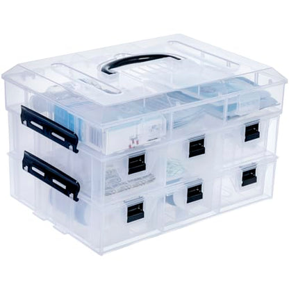 MyGift 11 Inch Clear Plastic Storage Box Container, Arts and Crafts Sewing Supplies Organizer Case with Black Accents, 24 Customizable Compartments, and 6 Drawers with Removable Dividers | Sewing Supplies Organizer Case with Black Accents, 24 Customizable