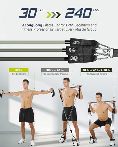 Upgraded Pilates Bar Kit with Resistance Bands Natural Latex for Women & Men, Heavy-Duty Stainless Steel Multifunctional Yoga Pilates Stick for Home Gym Exercise Fitness Equipment Full-Body Workouts - color: Blue Grey