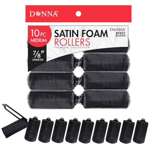 DONNA Silky Sastin Foam Roller 7/8"(D) MEDIUM 10PCS Hair Curlers with Clips for Heatless Hairdressing and Styling - BLACK - color: BLACK - 7/8"(D) MEDIUM