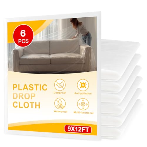 6pcs 9X12FT Plastic Drop Cloths,Waterproof Anti-dust Cover,Disposable Tarp for Painting for Couch/Furniture Cover - size: 6pack