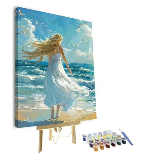TUMOVO Paint by Numbers for Adults Beginner Girl Seagull Paint by Number Beach Girl Color by Number for Adult Paint by Number Kits DIY Painting Paint-by-Number Kits with Framed, 16 x20 Inch - color: Girl-Framed