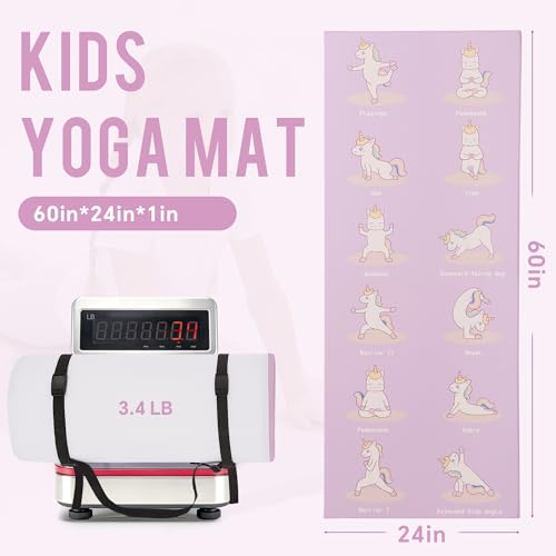 MABOZOO 1 Inch Thick Kids Yoga Mat with 12 Printed Poses - Non-Slip PU Leather Exercise Mat for Children - Safe Material Workout Mat for Home, School (60" x 24", Pink)