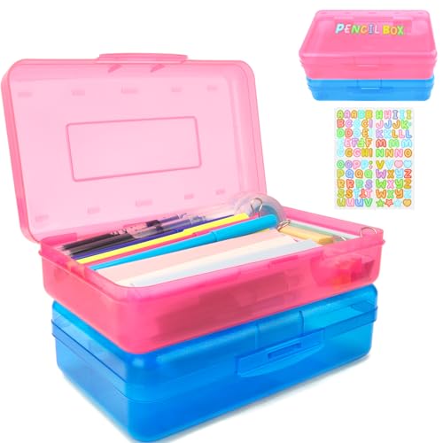 Pink Blue Pencil Case 2 Pack - Large Capacity Plastic Pencil Box Organizer - color: Pink Blue