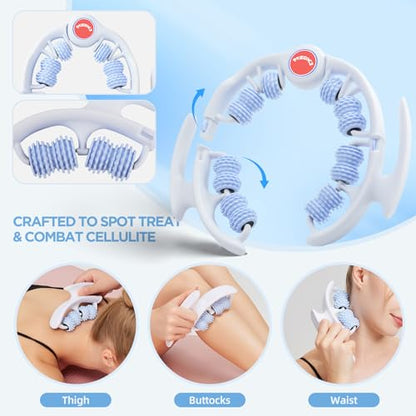 Cellulite Massage Tool - Lymphatic Drainage Massager - Muscle Roller, Deep Fascia Massage, Dimpled Skin Removal, Legs/Thighs/Buttocks, Anti-Cellulite Roller, Smooth Skin (14 Wheel - Blue) - color: White Blue