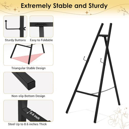 47" Black Easel Stand for Sign, Large Heavy Duty Metal Display, 4-Tier | Sturdy Art Easel with Adjustable Chain & Non-Slip Feet for Wedding, Painting, Party, Posters, Commercial, Foldable - color: Black