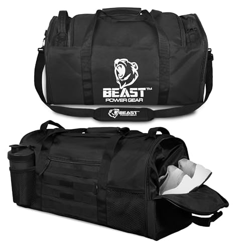 Beast Power Gear Gym Duffle Bag- Workout, Boxing, MMA, Sports Bag with Shoes Compartment and Adjustable Shoulder Strap for Men and Women (Black) - color: Black