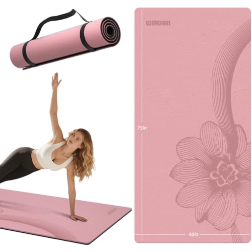 Large Exercise Mat | 10mm Thick TPE Non-slip Gym Mats, Carrying Strap - color: pink/black