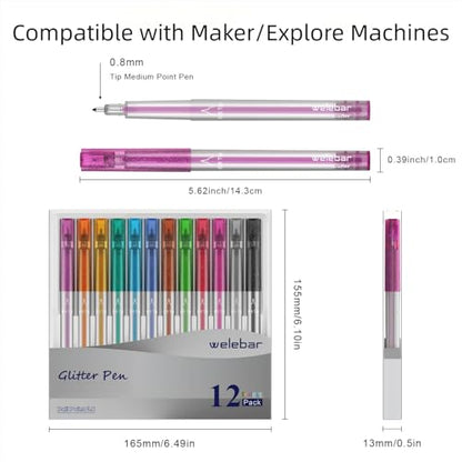 Glitter Gel Pen Set Compatible with Cricut Maker 3/Maker 4/Maker/Explore 3/4/5/Air 2/Air, 0.8 Tip Glitter Pen Set of 12 Pack Medium Point Pen, Writing, Drawing, Invitations, Cards - color: 12 Glitter Pens