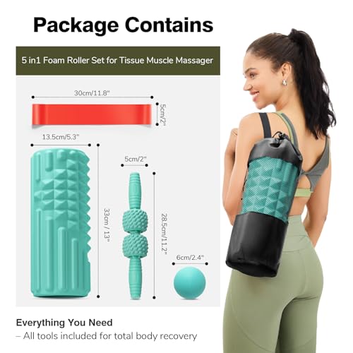5 in 1 Foam Roller Set for Muscle Recovery & Deep Tissue Massage | Textured Grid Foam Roller with Massage Stick, Massage Ball, Resistance Band for Back Pain, Physical Therapy, Green - color: Green