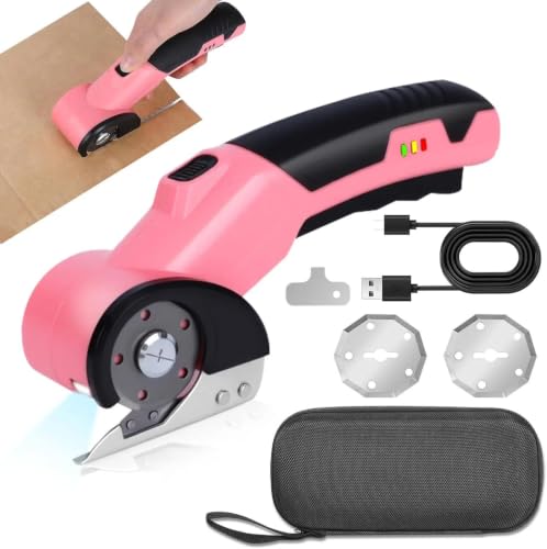 Cordless Electric Scissors, 4.2V 2000mAh Mini Rechargeable Cardboard Rotary Cutter, Effortless Cutting with LED Light & Safety Lock 2 Blades Box Cutter for Fabric Carpet Carton Plastic Leather Cloth